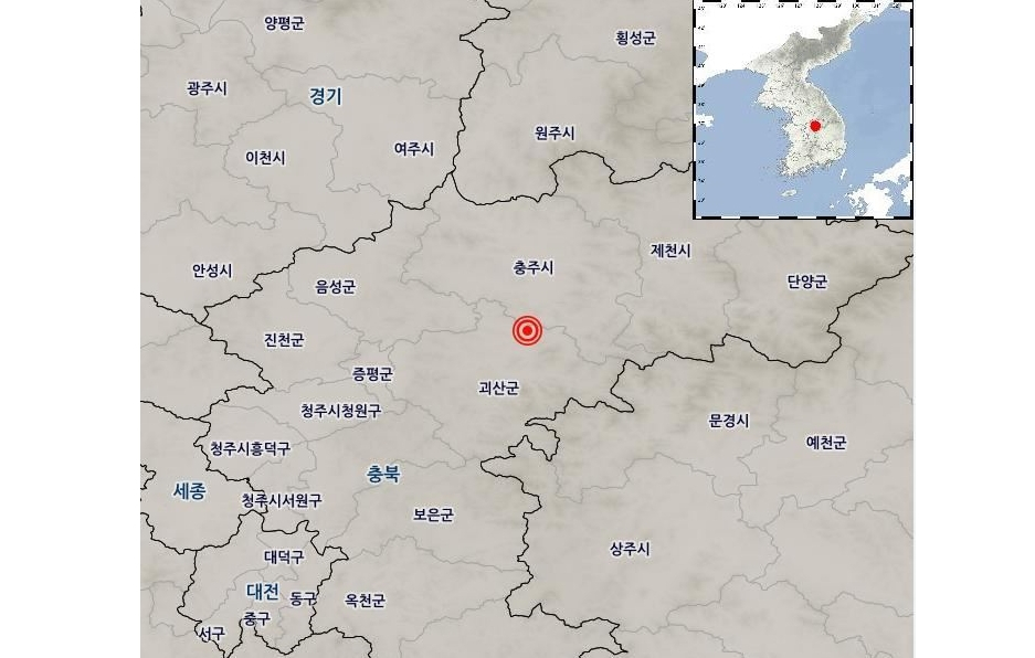 29일 오전 8시 27분께 규모 3.5와 규모 4.1 지진이 잇따라 발생한 충북 괴산군 북동쪽 11㎞ 지점. [연합]