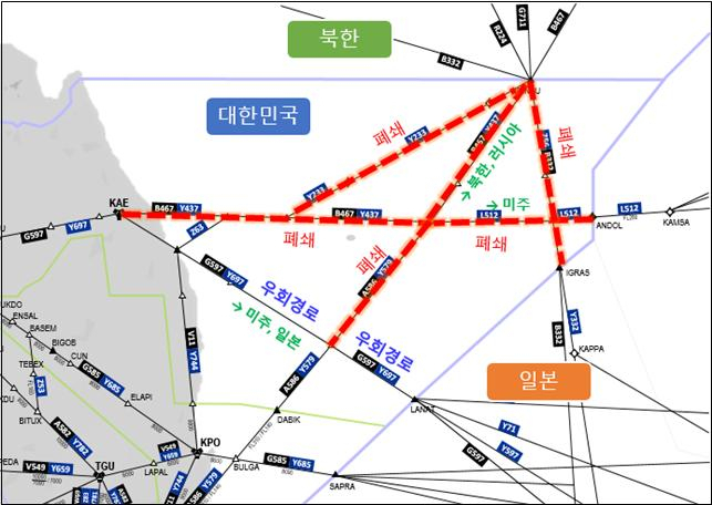 2일 발생한 북한의 동해상 미사일 발사로 폐쇄된 동해 일부 항공로와 우회 항로도. [국토교통부 제공]