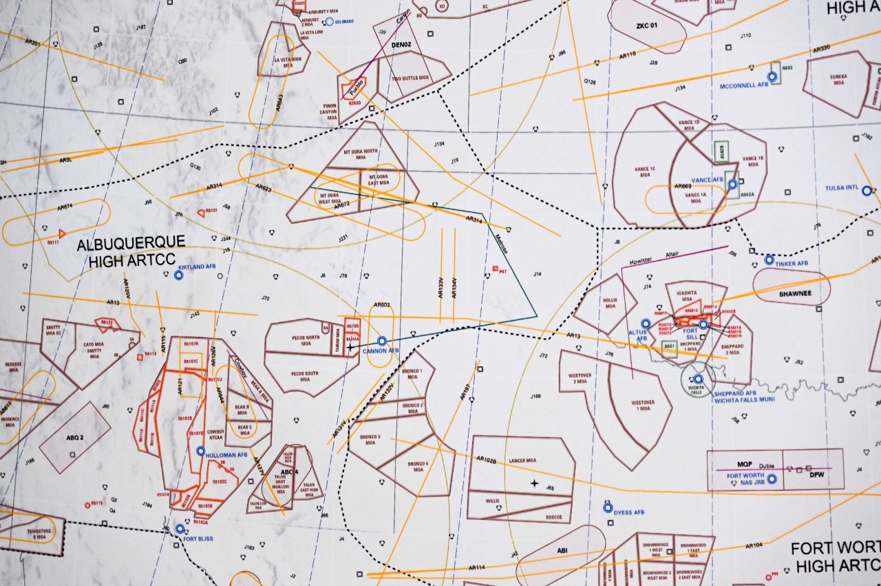 A close-up of Tinker Air Force Base and surrounding areas on the newly revamped AWACS orbit map that Reservists from the 513th Air Control Group updated alongside the Defense Geospatial Air Force Co-Production Team over the course of a year. (U.S. Air Force photo by Tech. Sgt. Lauren Kelly)