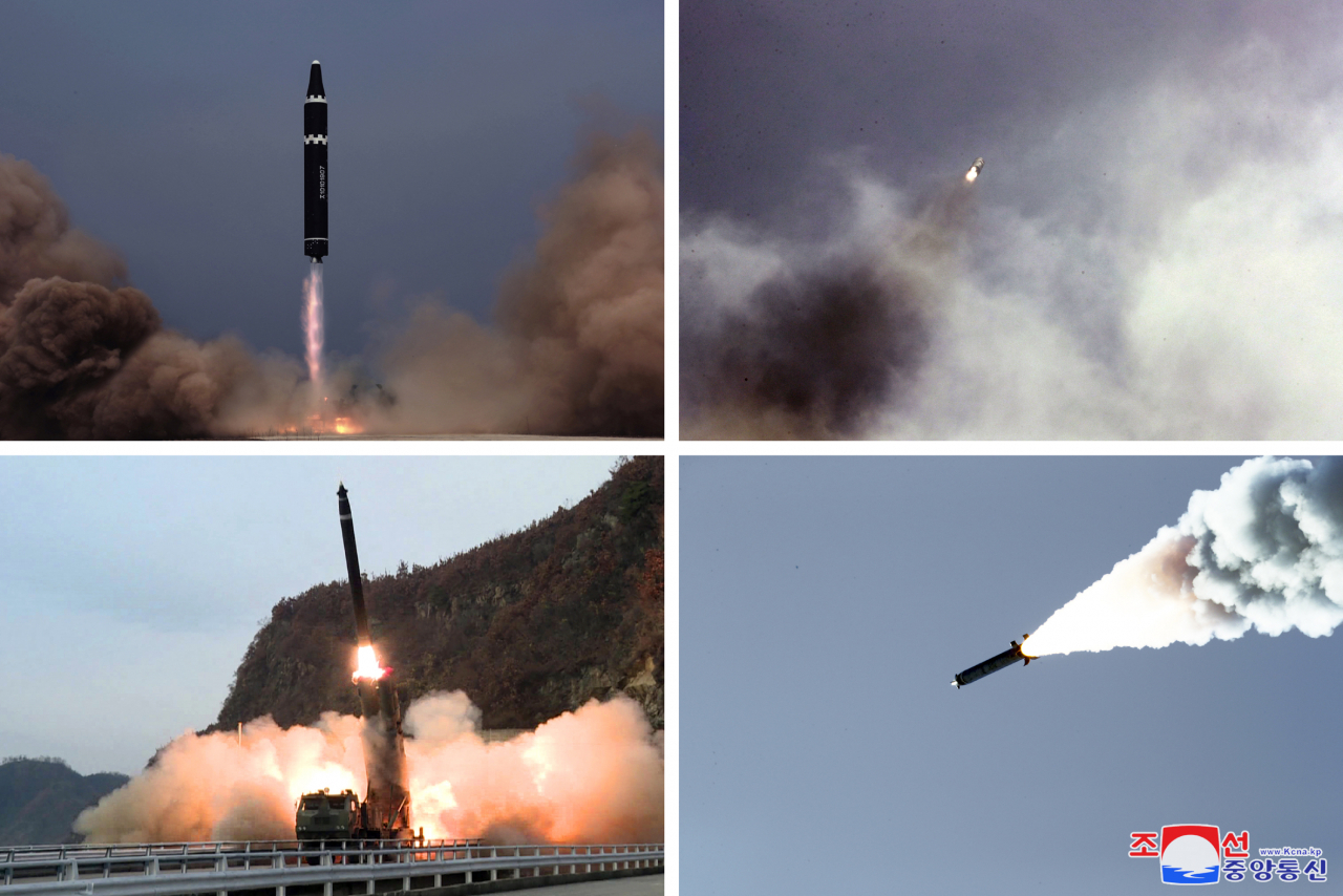 North Korea's Korean Central News Agency released photographs of missiles it launched last week in response to joint military drills carried out by the US and South Korea, dubbed Vigilant Storm, on Monday. (Yonhap)