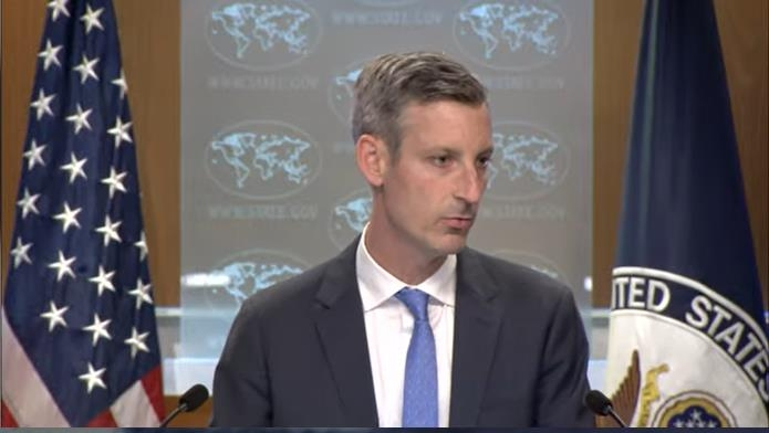 State Department Press Secretary Ned Price is seen answering a question during a daily press briefing at the department in Washington on Monday. (State Department)