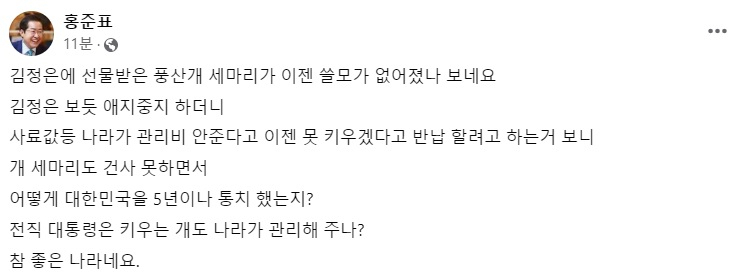 홍준표 “文, 개 3마리도 건사 못하면서 나라 5년 통치”