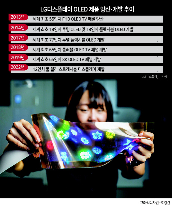 LG디스플레이가 공개한 연신율 20%의 고해상도 12인치 풀 컬러 스트레처블 디스플레이의 모습. 늘리기, 접기, 비틀기 등 어떤 형태로도 자유롭게 변형이 가능하다. [LG디스플레이 제공]