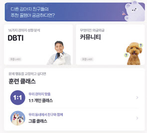 LGU+ 반려동물 플랫폼 ‘포동’ 홈페이지. D TI 검사, 반려견 커뮤니티, 훈련 클래스 신청 등 메뉴가 있다.[LGU+ 제공]