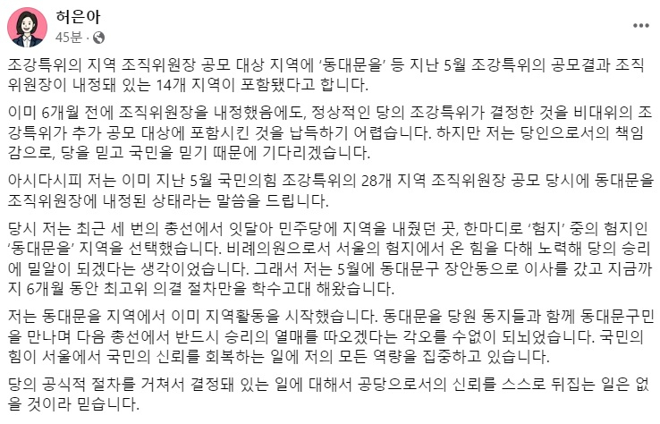 허은아 국민의힘 의원 페이스북 일부 캡처
