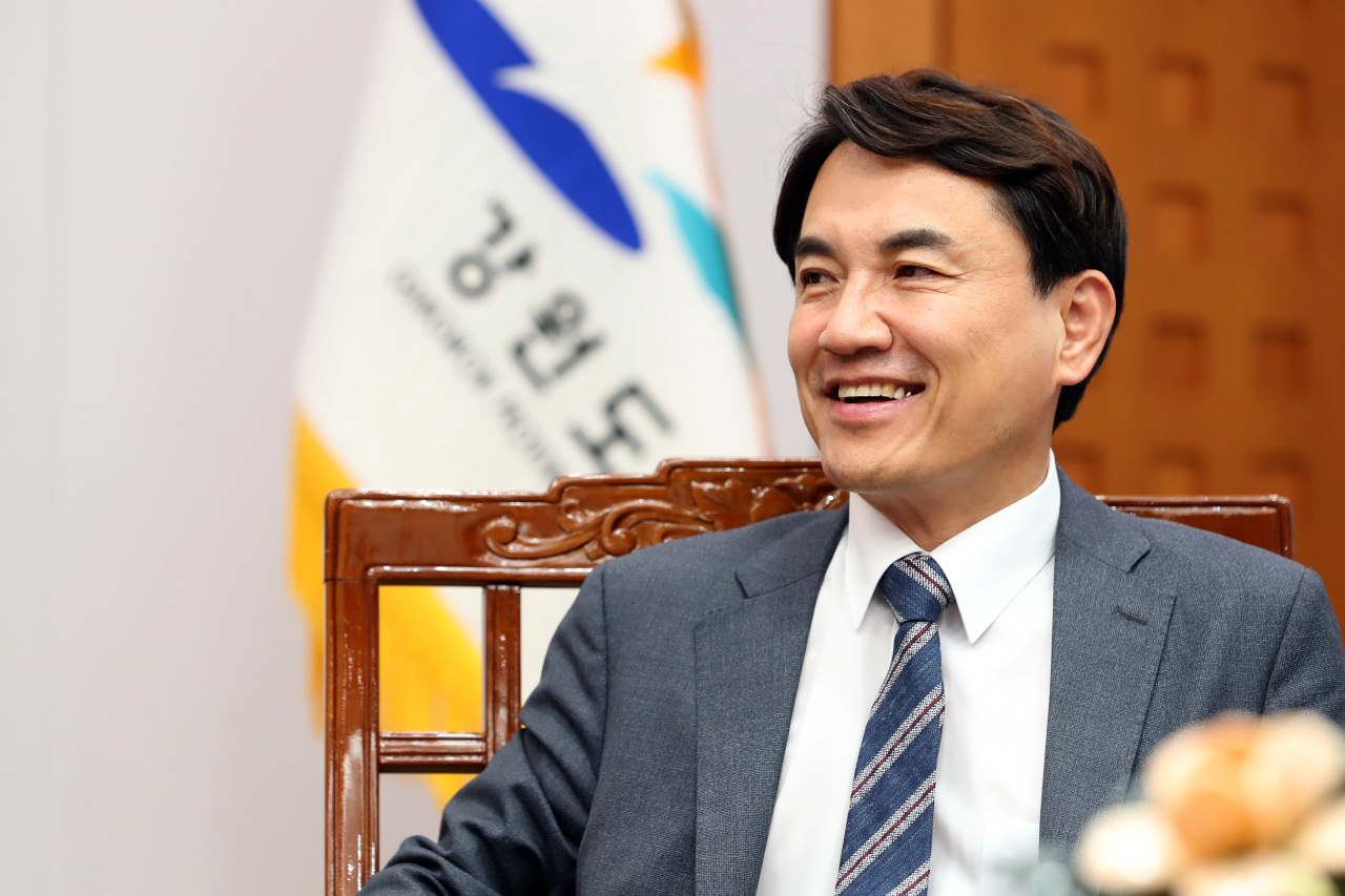 Gangwon Governor Kim Jin-tae speaks to The Korea Herald during an interview at his office in Chuncheon, Gangwon Province. (Gangwon Province)