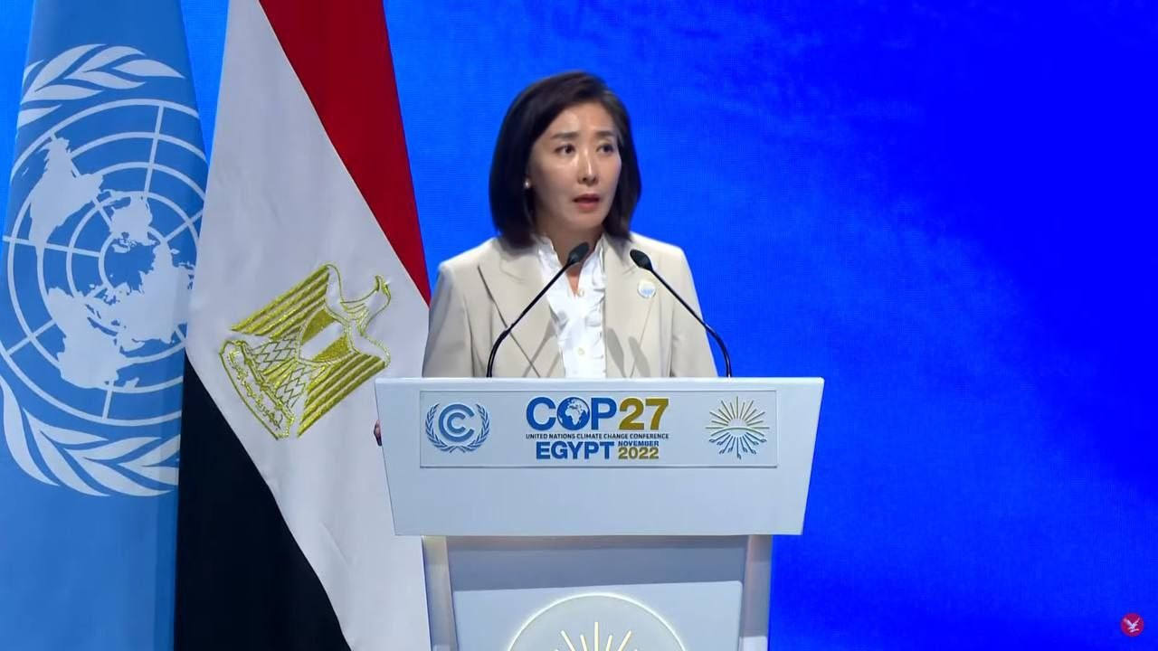 이집트에서 열린 제27차 유엔기후변화협약 당사국총회(COP27) 정상회의에 대통령 특사로 참석한 나경원 기후환경대사가 8일(현지시간) 특별연설을 하고 있다. [연합]