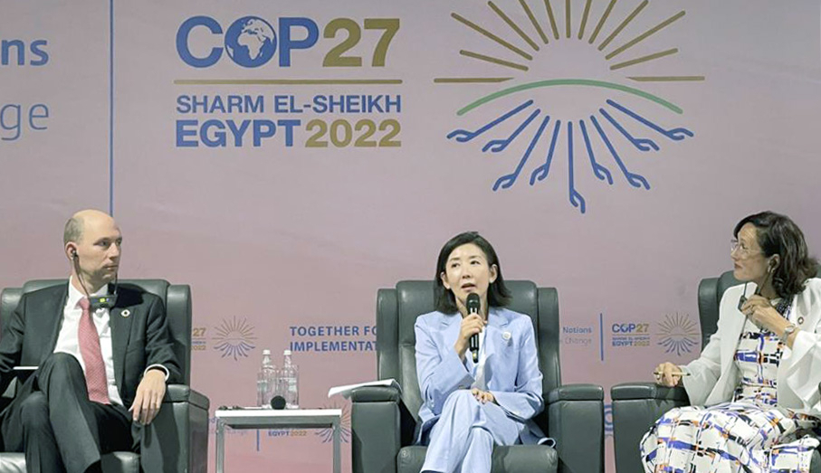 제27차 유엔기후변화협약 당사국 총회(COP27) 정상회의에 대통령 특사로 참석한 나경원 기후환경대사가 7일(현지시간) 이집트 샤름 엘 셰이크에서 산림을 활용한 기후 변화 대응 방안을 논의하는 '산림기후 정상회의'에 참석해 발언하고 있다. [연합]