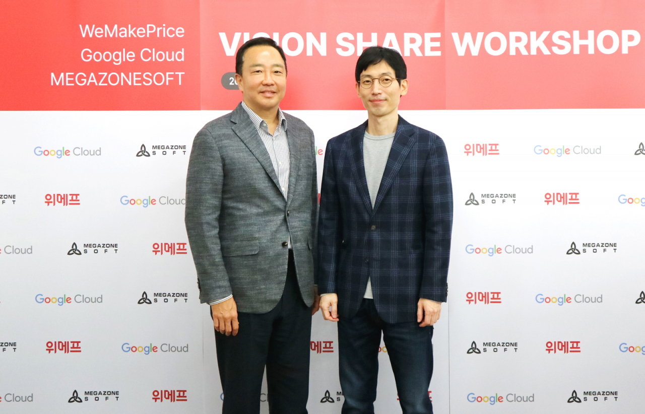 위메프와 구글 클라우드는 11일 강남구 위메프 본사에서 ‘비전워크숍’ 행사를 열었다. 왼쪽부터 장화진 구글 클라우드 대표, 하송 위메프 대표.[위메프 제공]