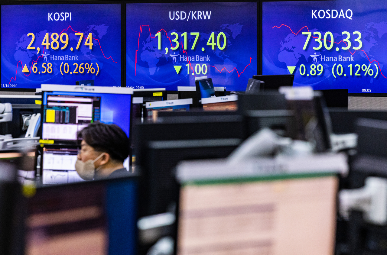 An electronic board showing the Korea Composite Stock Price Index at a dealing room of the Hana Bank headquarters in Seoul on Tuesday. (Yonhap)