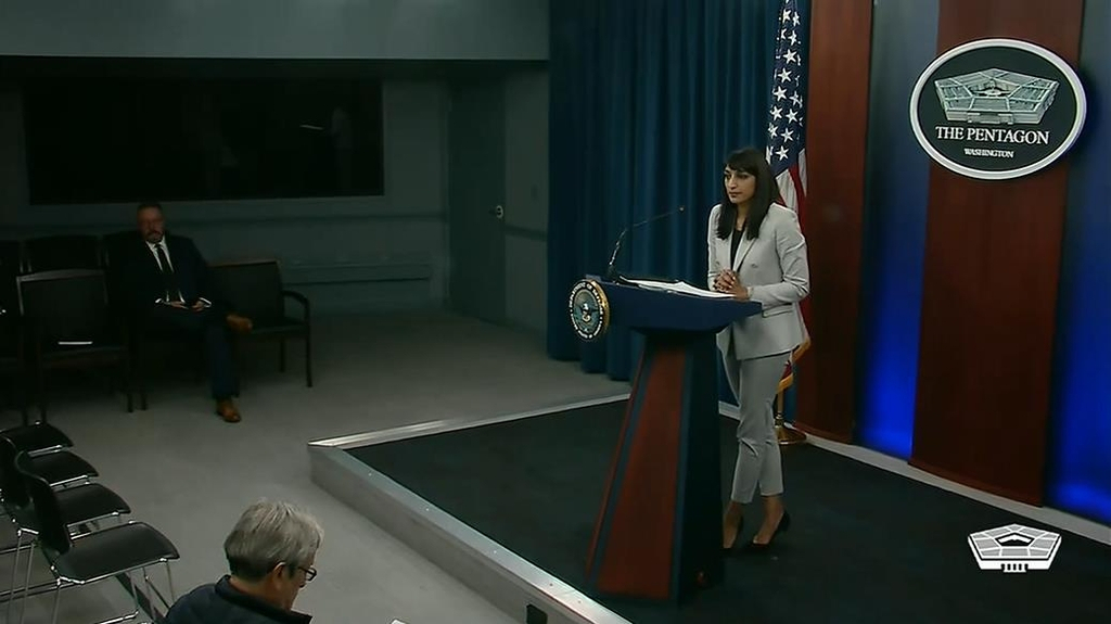 Sabrina Singh, deputy press secretary for the US Department of Defense (right, at podium), is seen taking a question during a press briefing at the Pentagon in Washington on Thursday. (US Department of Defense)