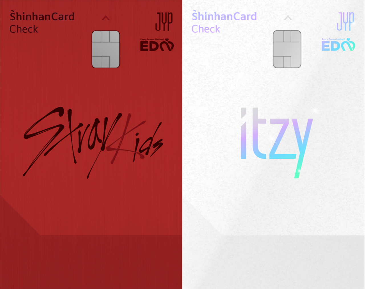 신한카드가 JYP Entertainment와 함께 선보인 ‘신한카드 JYP Fan’s EDM 체크카드’ 2종. 왼쪽부터 ‘Stray Kids(스트레이 키즈)’와 ‘ITZY(있지)’.[신한카드 제공]
