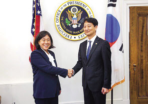 안덕근 산업통상자원부 통상교섭본부장(오른쪽)이 9월 7일(현지시간) 미국 워싱턴D.C. 서 열린 ‘한미 통상장관회담’에 참석해 캐서린 타이 USTR 대표와 면담을 하고 있다. [산업통상자원부 제공]
