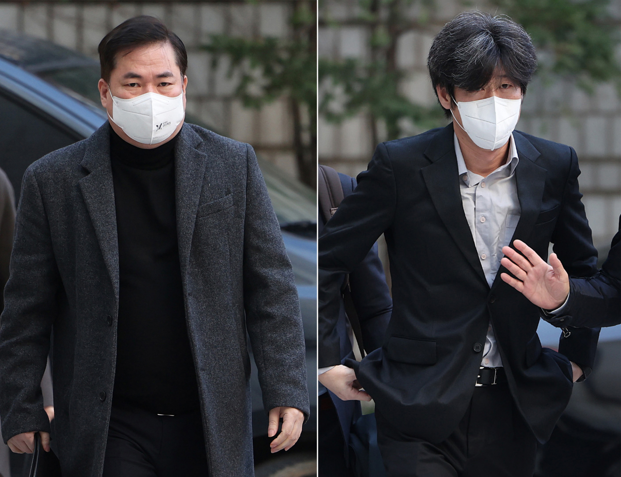 유동규(왼쪽) 전 성남도시개발공사 본부장과 남욱 변호사가 21일 오전 서울 서초구 서울중앙지방법원에서 열린 대장동 개발 사업 로비·특혜 의혹 관련 1심 속행 공판에 출석하고 있다. [연합]