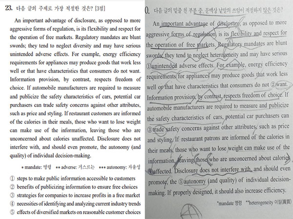 2023학년도 수능 영어 영역 23번 문항과 대형 입시학원 인터넷 강사가 배포한 사설 모의고사 지문 [한국교육과정평가원 누리집, 온라인 커뮤니티 캡처]