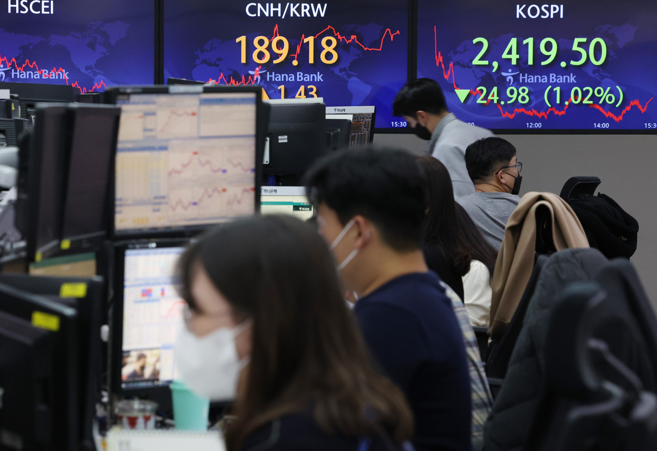 21일 오후 서울 중구 하나은행 딜링룸 전광판에 코스피지수가 표시돼 있다. [연합]