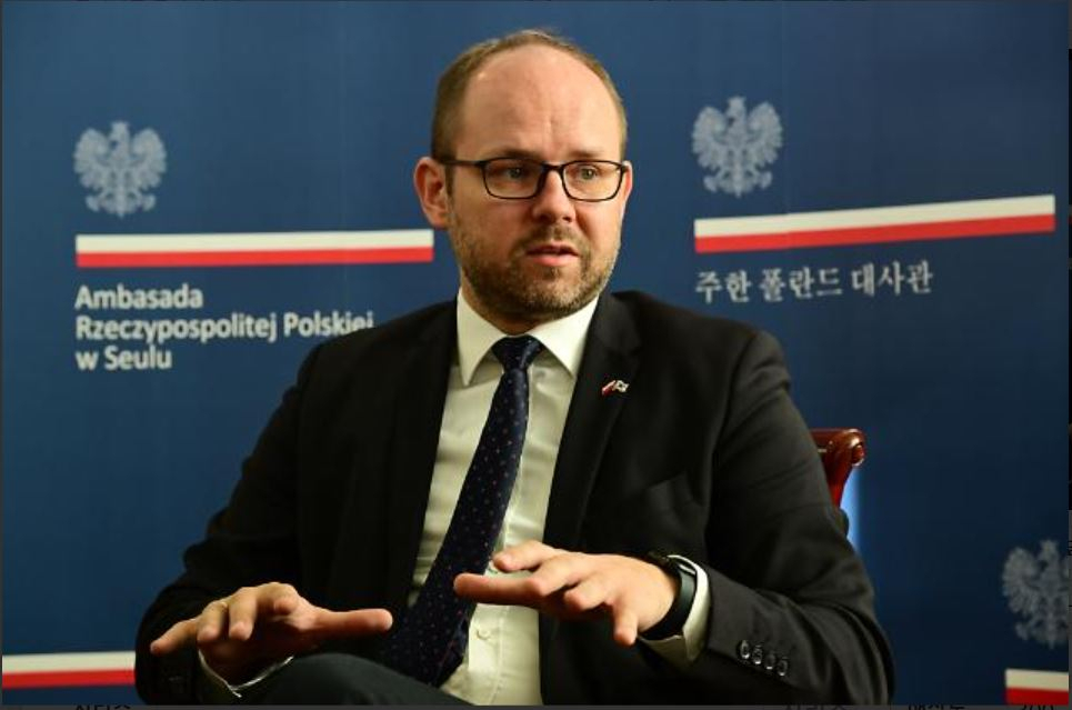 Marcin Przydacz, deputy foreign minister of Poland, speaks during an interview with The Korea Herald at the Polish Embassy in Jung-gu, Seoul. (Park Hae-mook/The Korea Herald)