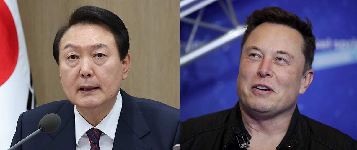 윤석열 대통령은 23일 일론 머스크 테슬라 최고경영자(CEO)와 화상 접견을 갖고 글로벌 기술혁신에 대한 의견을 교환하고 전기차 투자 협력을 논의하는 자리를 가졌다고 전했다. [연합]