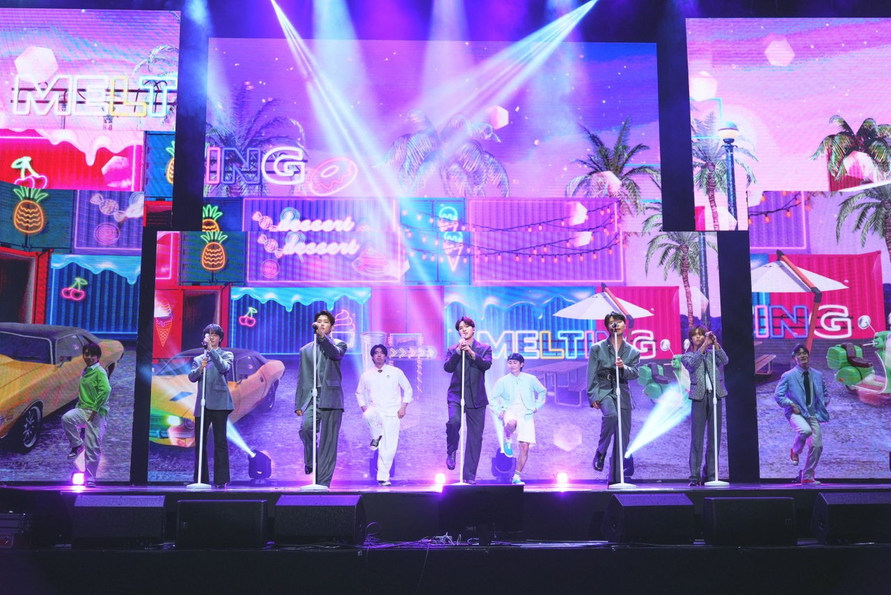 Kakao Entertainment’s special project group, Gomak Boys, sings during a press conference held in Seoul on Tuesday. (Kakao Entertainment)