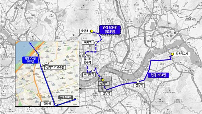 올빼미버스 N31(과거 N34) 노선도 변경도. [강동구 제공]
