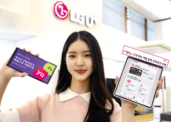 LG유플러스가 연말을 맞아 여행이나 공연 관람을 준비하는 고객을 위해 국내 숙박 할인 및 공연 초청 혜택을 제공하는 프로모션을 진행한다. 사진은 LG유플러스 모델이 U+멤버스 앱 프로모션을 소개하는 모습. [LG유플러스 제공]