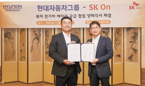 최영찬(오른쪽) SK온 경영지원총괄과 김흥수 현대차그룹 기획조정실 미래성장기획실장·EV사업부장 부사장이 지난 29일 업무협약(MOU)을 체결하고 기념사진을 촬영하고 있다. [SK온 제공]