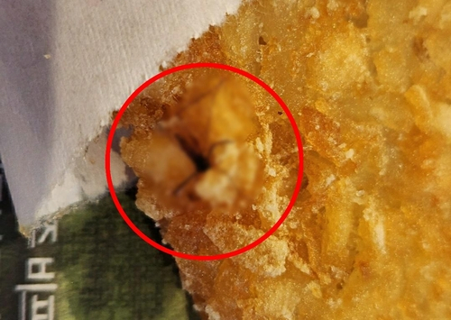 부산의 한 맥도날드 매장에서 판매한 해시브라운에 모기가 달라붙어 있는 모습. [연합]