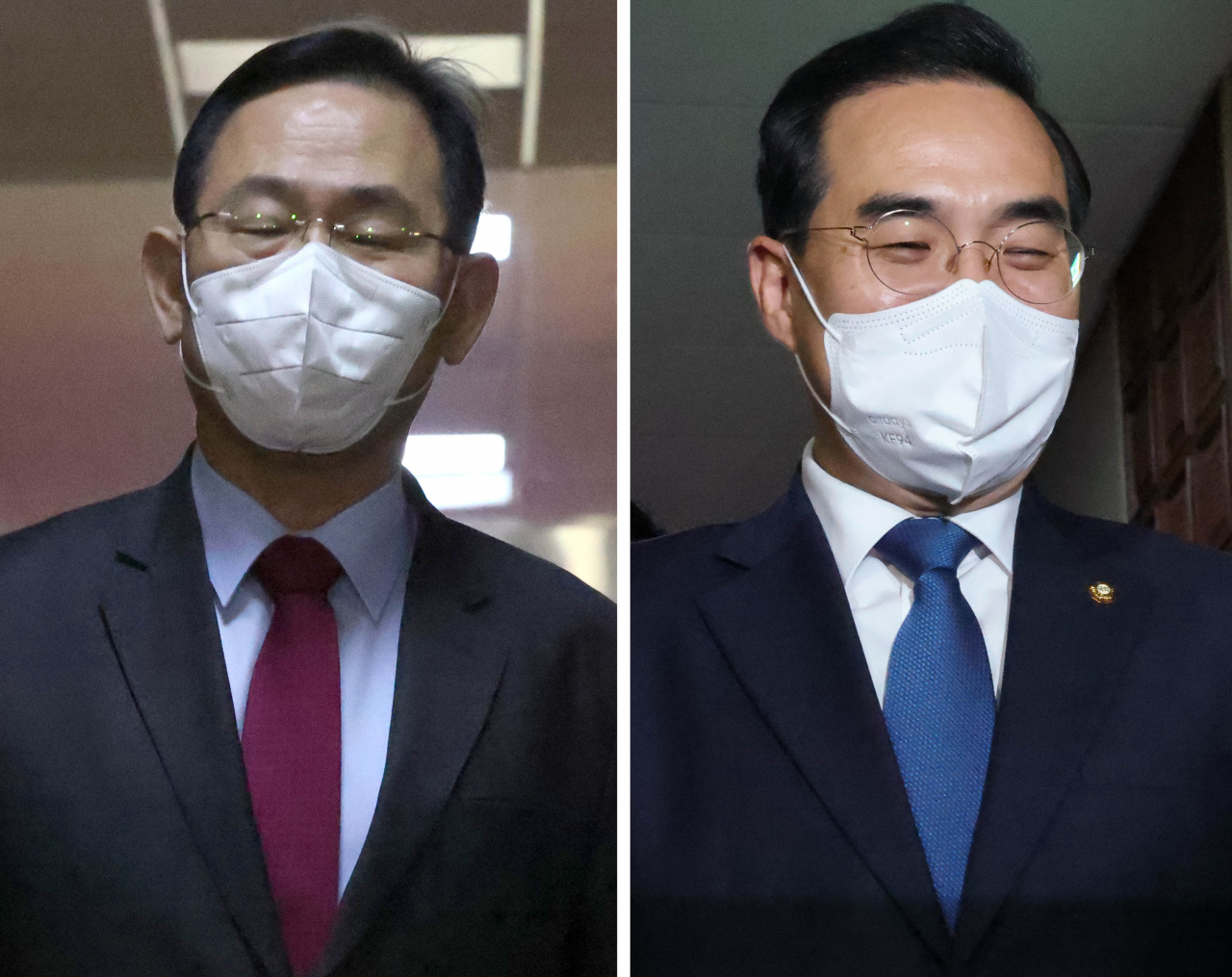 국민의힘 주호영 원내대표(왼쪽)와 더불어민주당 박홍근 원내대표가 30일 오후 국회 의장 주재 여야 원내대표 회동을 위해 의장실로 이동하고 있다. [연합]