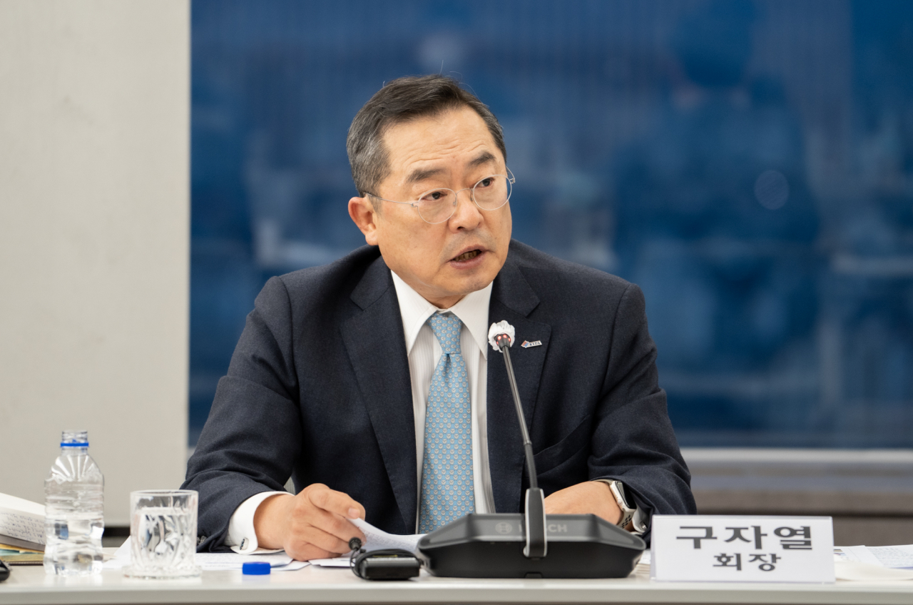 30일 삼성동 트레이드타워에서 개최된 '제59회 무역의 날' 기념 기자간담회에서 무역협회 구자열 회장이 발언하고 있다. [사진=무역협회 제공]