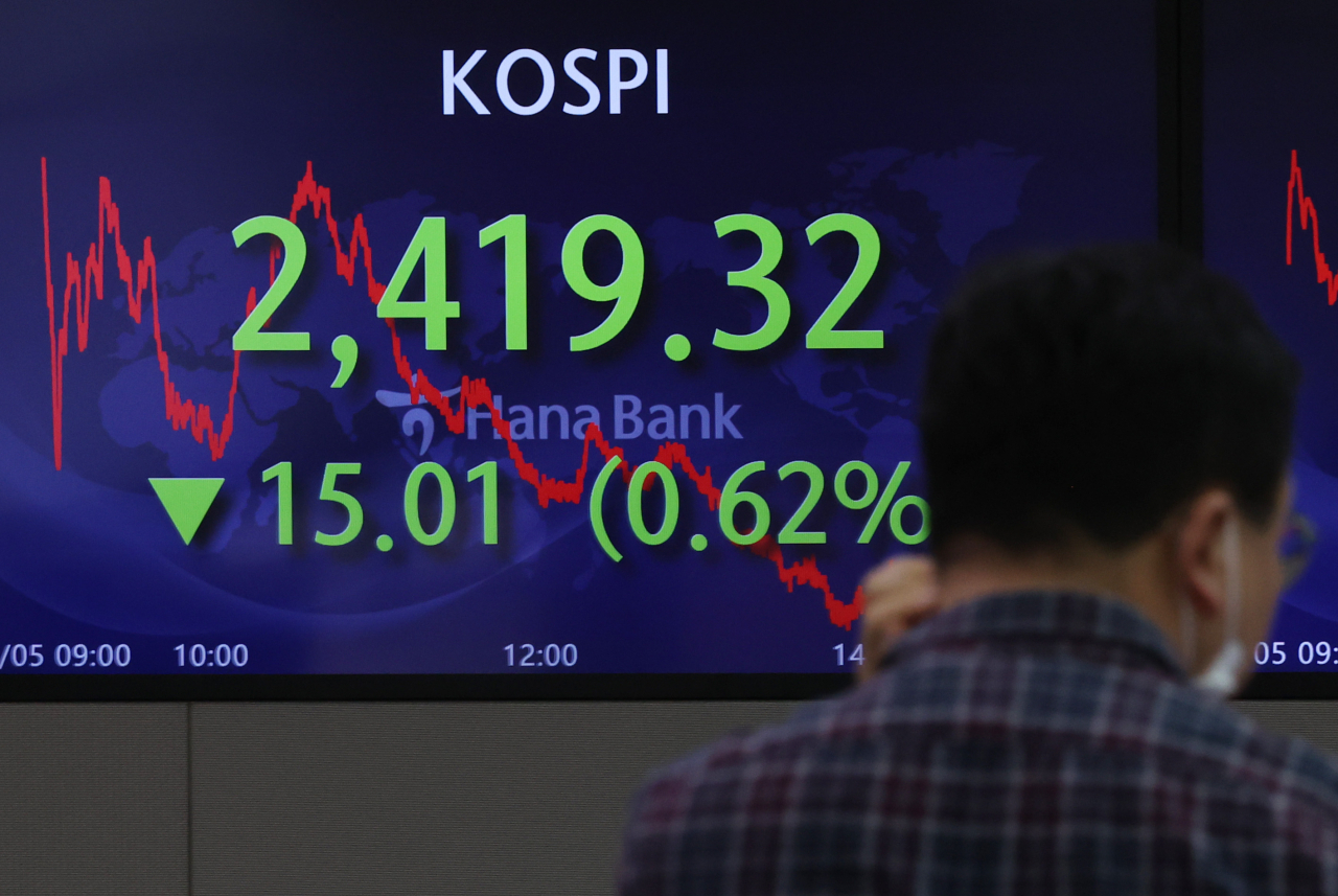 5일 명동 하나은행 본점 딜링룸 전광판에 코스피 종가가 표시돼 있다. 이날 코스피는 전장보다 15.01포인트 내린 2419.32로 장을 마쳤다. 코스닥지수는 전장보다 0.37포인트(0.05%) 오른 733.32로 마감했다. 원/달러 환율은 7.3원 내린 1292.6원에 마감했다. 연합뉴스