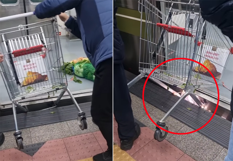 지하철 7호선 노원역에서 열차와 승강장 사이에 쇼핑카트가 끼어 스파크가 튀고 있다. [인스타그램 캡처]