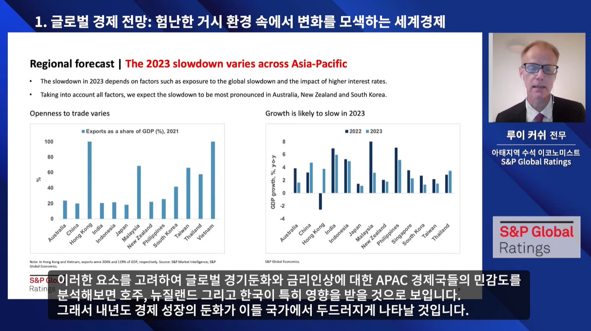 루이 커쉬 S&P 아태지역 수석 이코노미스트 겸 전무가 7일 나이스신용평가와 S&P가 공동으로 개최한 세미나에서 발언하고 있다. [나이스신용평가 유튜브 캡쳐]