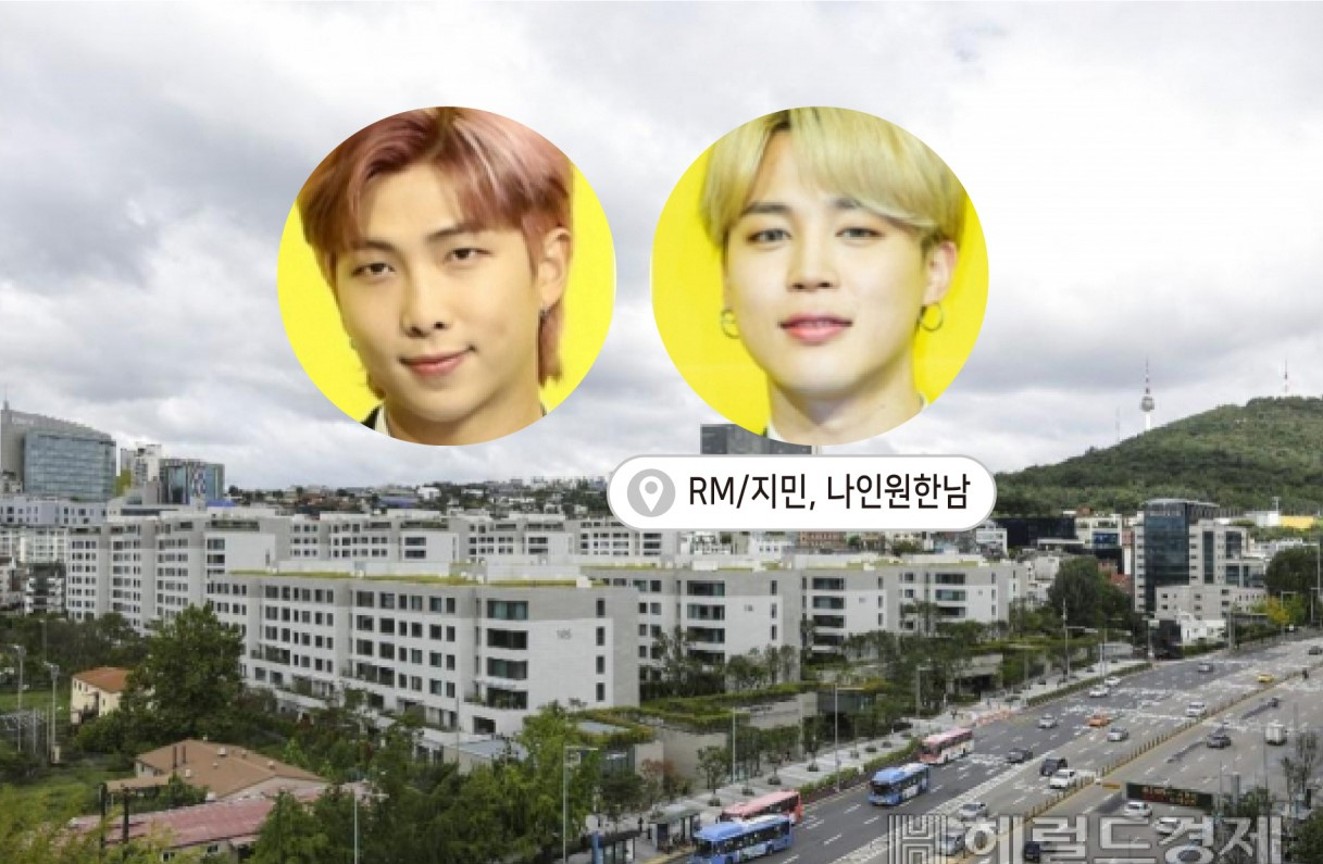 방탄소년단 멤버 RM과 지민이 매입한 용산구 한남동 나인원한남. [그래픽=김진아 CP]