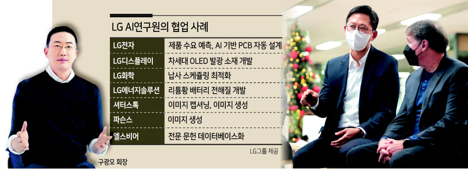 지난 7일 LG AI연구원에 방문한 폴 헤네시 셔터스톡 최고경영자와 이야기를 나누는 배경훈(왼쪽) LG AI연구원 원장.