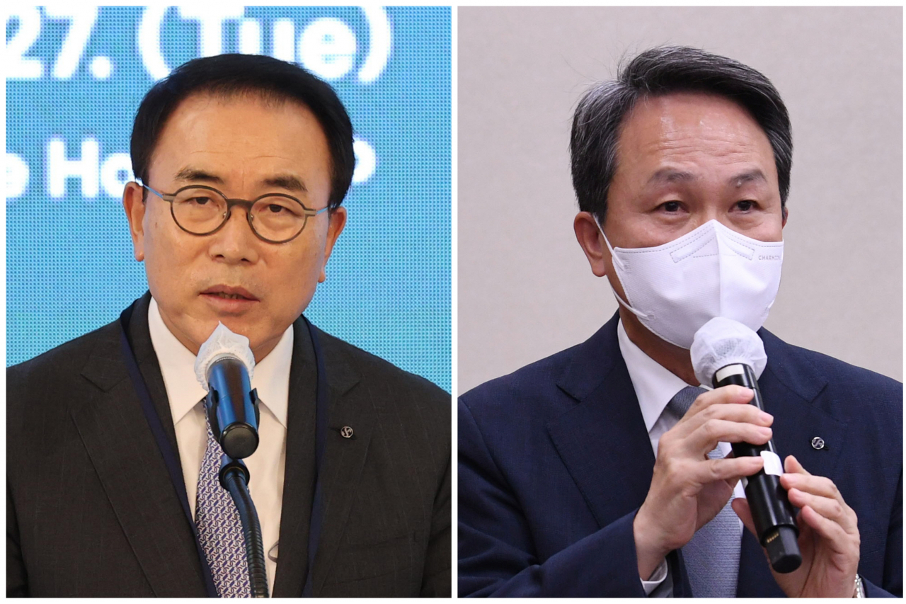 신한금융지주는 8일 오전 회장후보추천위원회(이하 회추위) 회의와 이사회를 잇따라 열고 진옥동 현 행장을 차기 대표이사 회장 최종 후보로 선정했다고 밝혔다. 사진은 조용병 회장과 신한은행 진옥동 은행장. [연합]