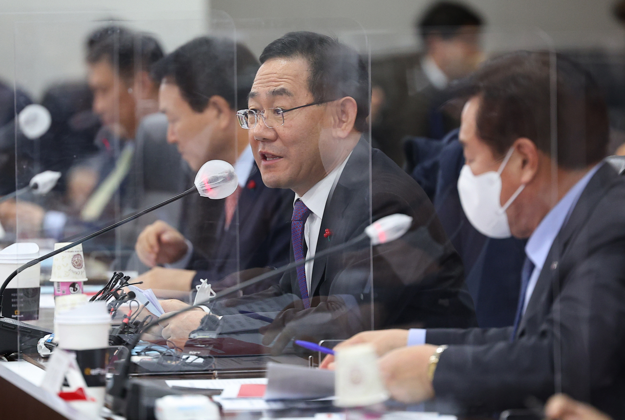 12일 오후 서울 여의도 중소기업중앙회에서 열린 국민의힘 중소기업 입법과제 보고대회에서 주호영 원내대표가 인사말을 하고 있다. [연합]