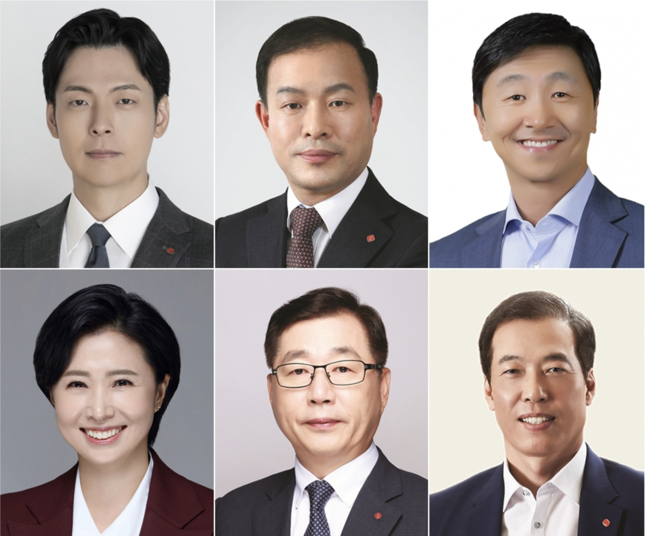 (윗줄 왼쪽부터 시계방향으로) 신유열 롯데케미칼 상무, 이훈기 롯데지주 ESG경영혁신실장 사장, 이창엽 롯데제과 대표이사 부사장, 이완신 롯데그룹 호텔군 총괄대표 겸 호텔롯데 대표이사 사장, 박현철 롯데건설 대표이사 부회장, 김혜주 롯데멤버스 대표이사 전무 [롯데그룹 제공]
