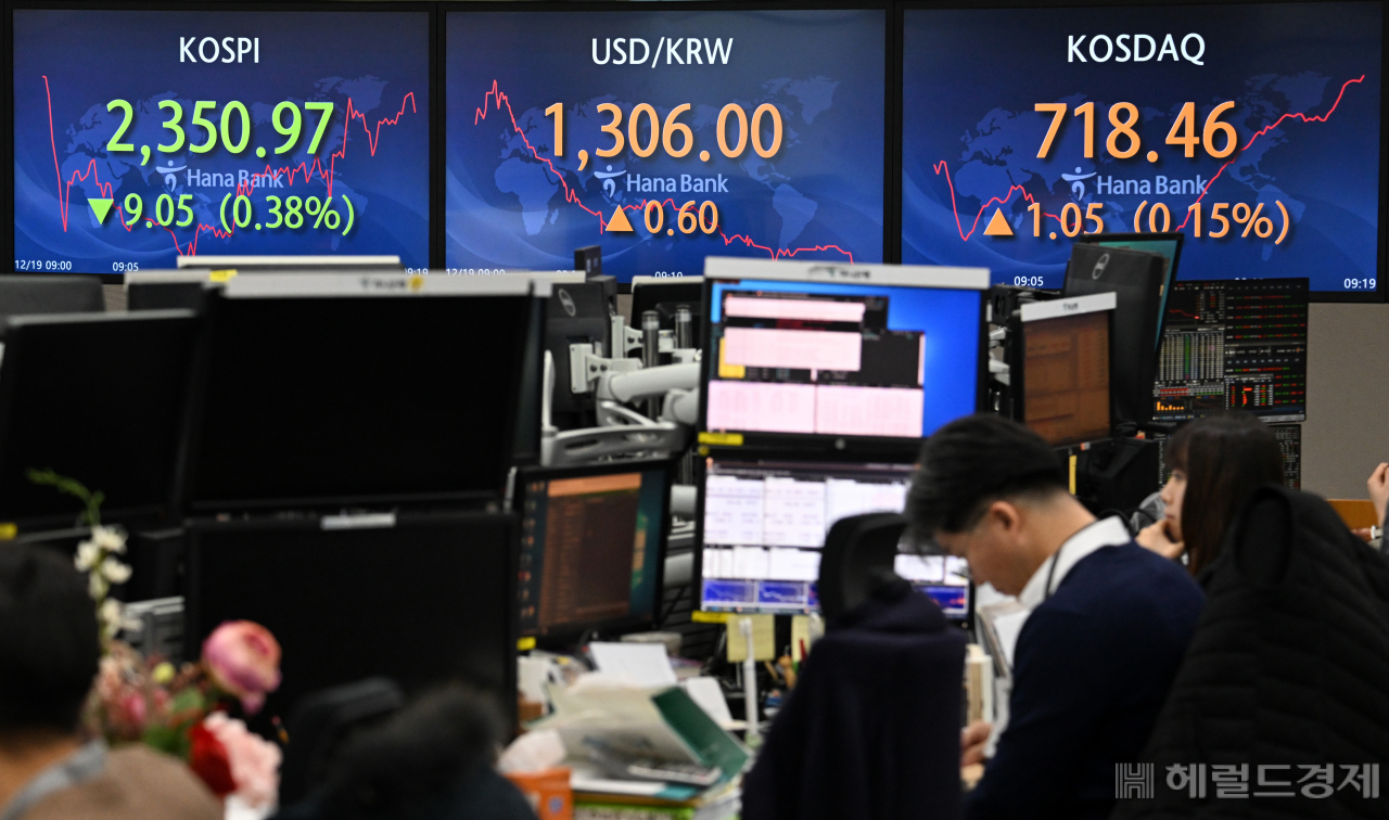 19일 서울 중구 명동 하나은행 딜링룸 전광판에 코스피 지수와 원/달러 환율지수가 표기되어 있다. 임세준 기자
