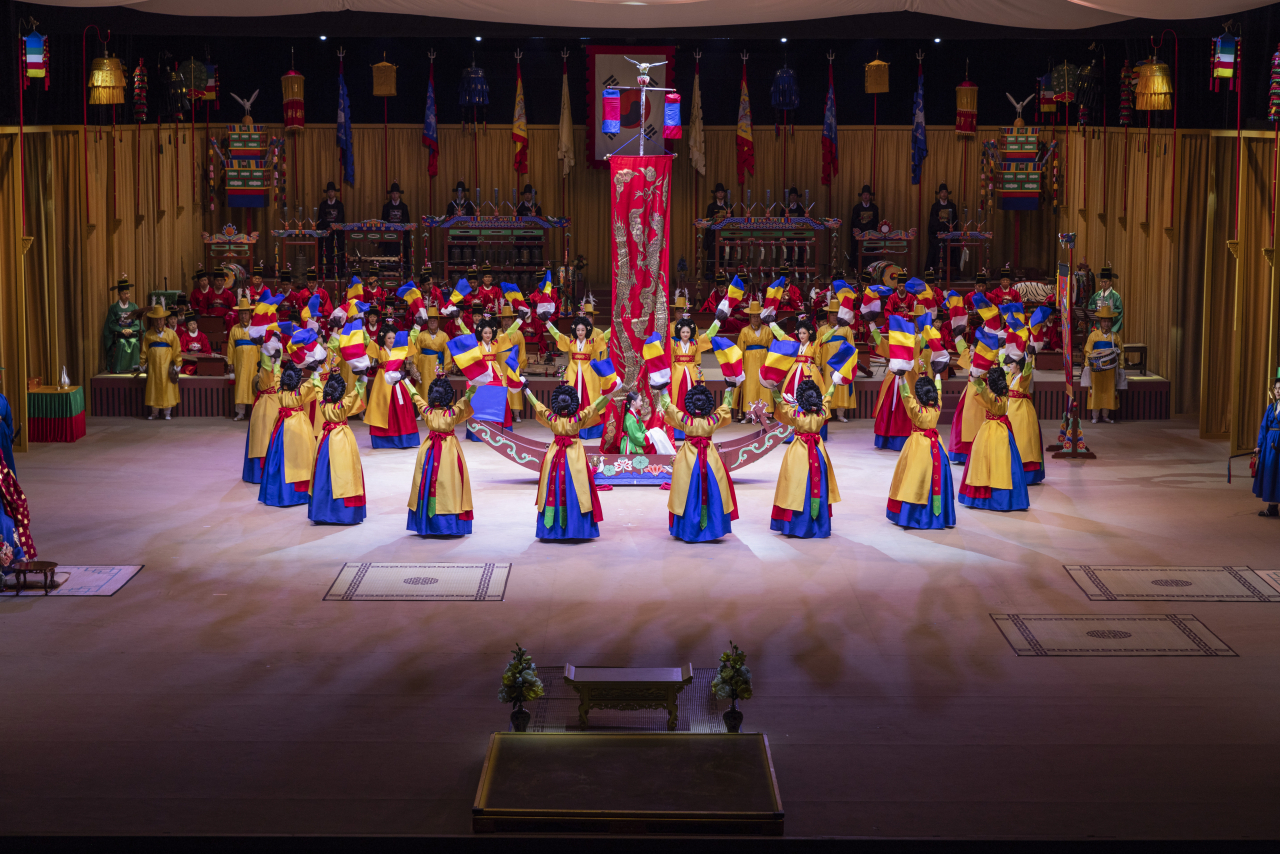 Members of the National Gugak Center perform "Imin Jinyeon" at the National Gugak Center in Seocho-gu, Seoul, during a rehearsal on Thursday. (National Gugak Center)