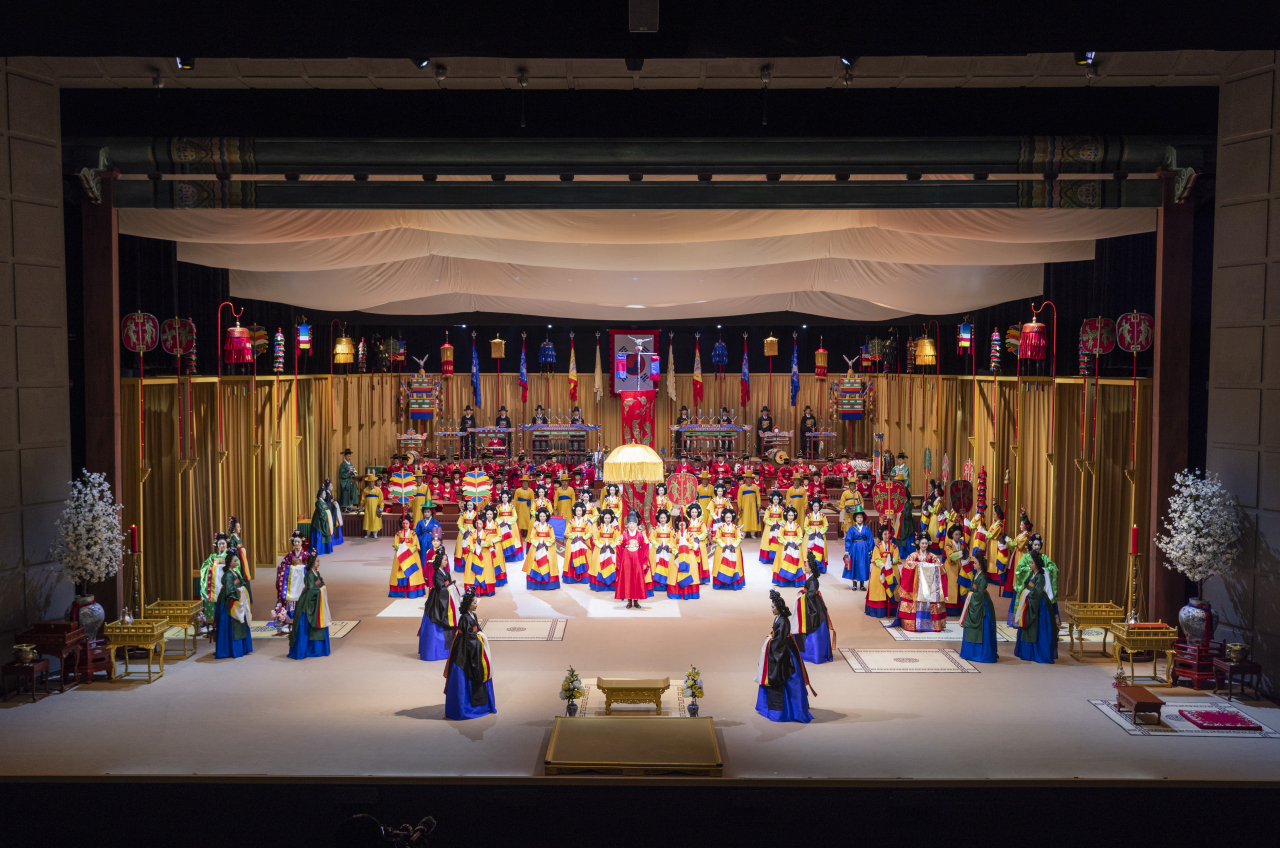 Members of the National Gugak Center perform "Imin Jinyeon" at the National Gugak Center in Seocho-gu, Seoul, during a rehearsal on Thursday. (National Gugak Center)