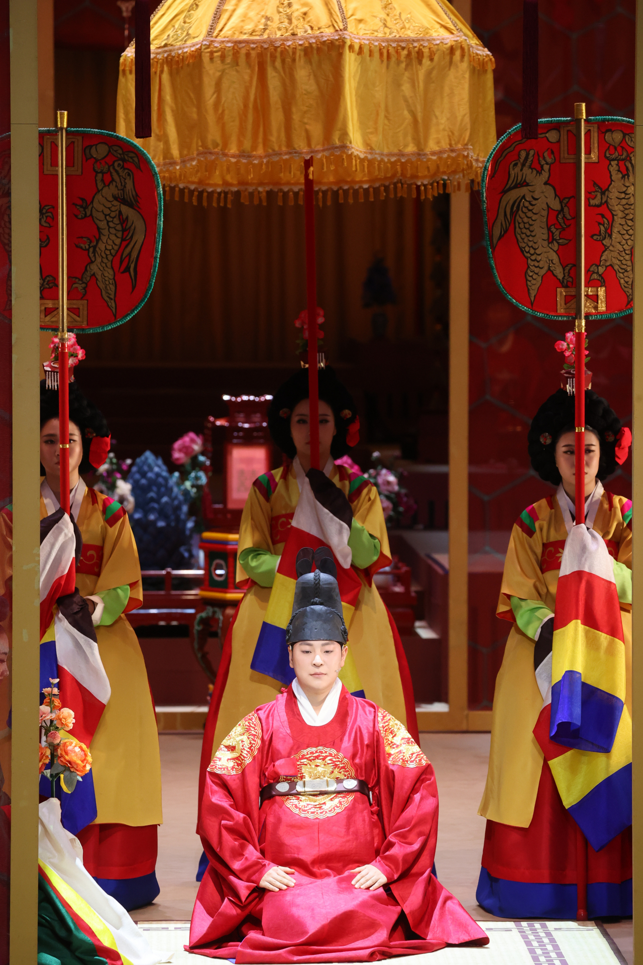 Members of the National Gugak Center perform "Imin Jinyeon" at the National Gugak Center in Seocho-gu, Seoul, during a rehearsal on Thursday. (Yonhap)