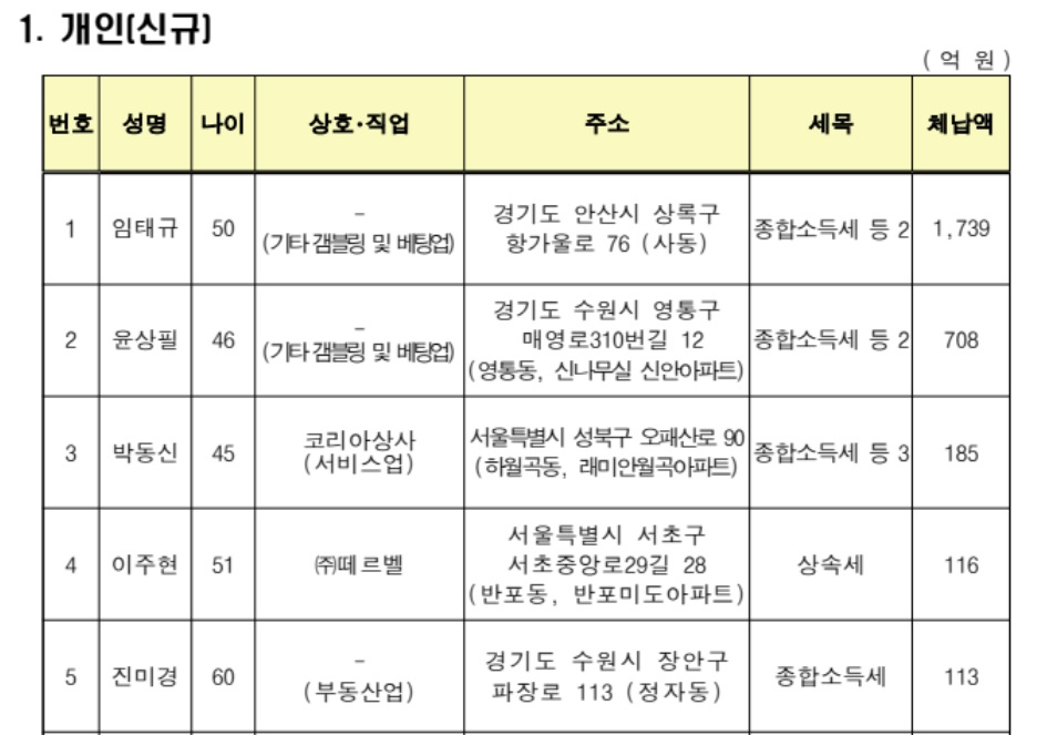 국세청이 공개한 세금 고액 체납자 명단