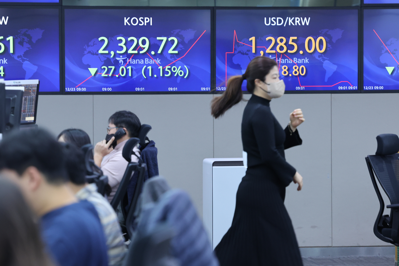 An electronic board showing the Korea Composite Stock Price Index at a dealing room of the Hana Bank headquarters in Seoul on Friday. (Yonhap)