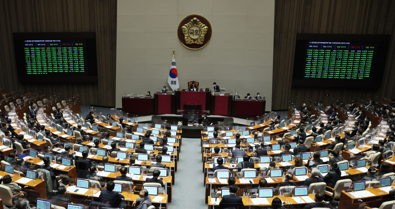 23일 오후 국회 본회의에서 법인세법 일부개정법률안에 대한 수정안이 통과되고 있다. [연합]