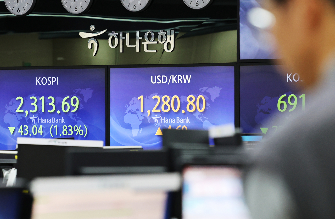 26일 서울 명동 하나은행에서 직원들이 증시 및 환율 지수를 모니터 하고 있다. 이날 코스피 지수는 전장보다 1.15포인트(0.05%) 내린 2312.54로 출발해 2310대에서 소폭 오르내리고 있다. 연합뉴스