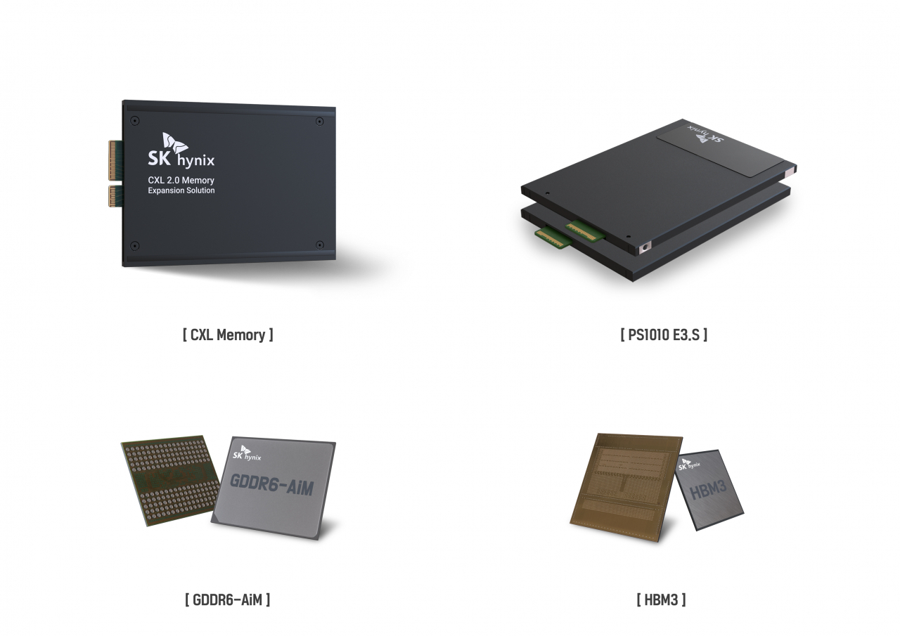 SK하이닉스가 CES에서 선보일 CXL Memory(왼쪽 위부터 시계 방향으로), PS1010 E3.S, HBM3, GDDR6-AiM [SK하이닉스 제공]