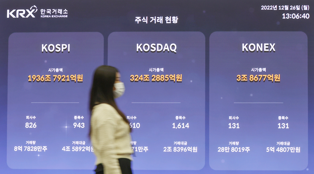 26일 서울 여의도 KRX한국거래소 홍보관 앞을 시민이 지나가고 있다. [연합]