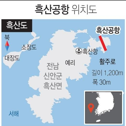 흑산공항은 국비 1833억원이 투입되며 흑산면 예리 산 11번지 일원에 1200m(폭 30m) 규모로 건설된다. [연합뉴스]