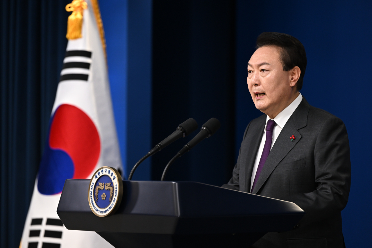 윤석열 대통령이 계묘년(癸卯年) 새해 첫날인 지난 1일 서울 용산 대통령실 청사에서 신년사를 발표하고 있다. [연합]