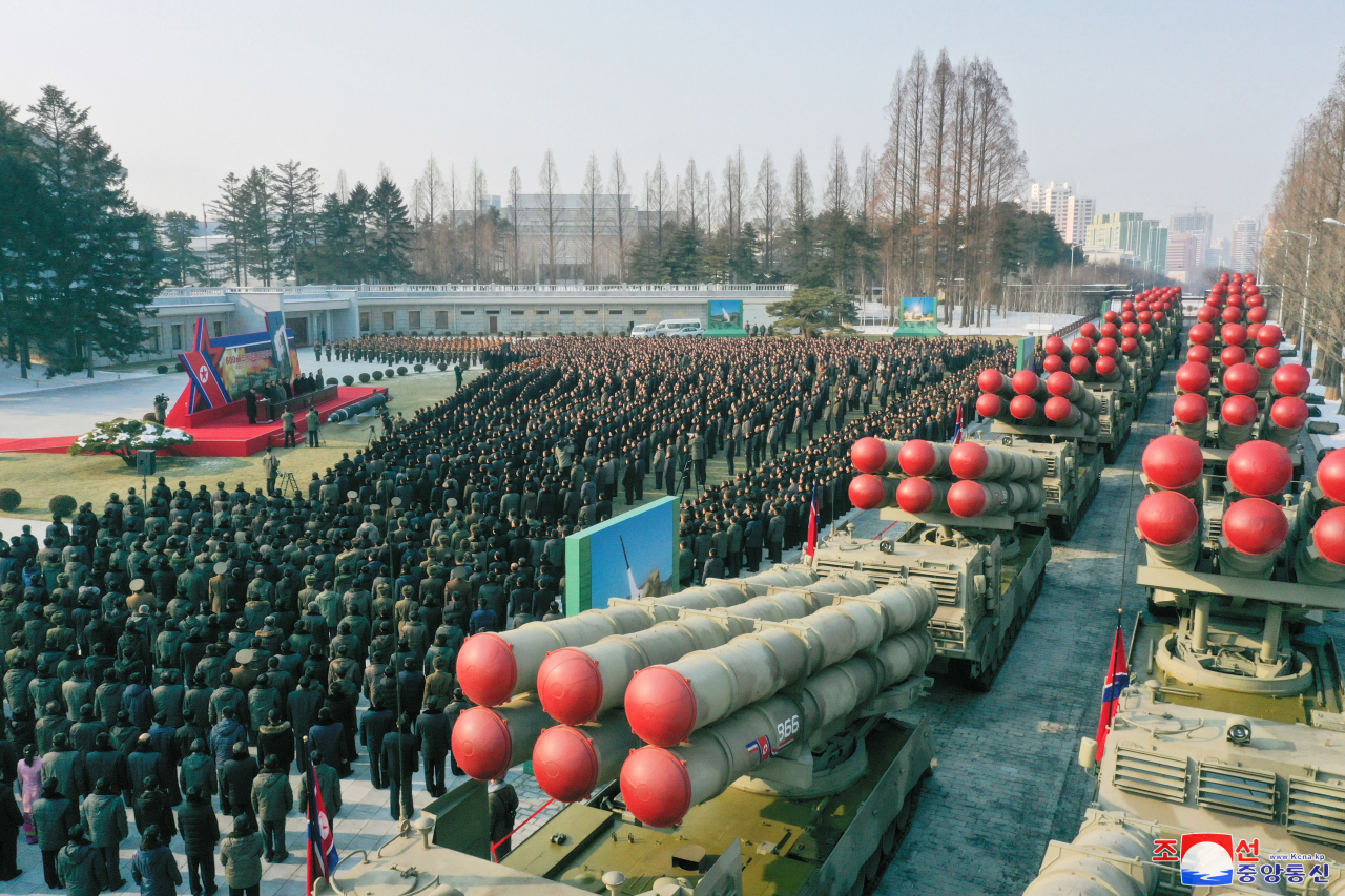 This photo, carried by North Korea's official Korean Central News Agency on Jan. 1, 2023, shows North Korean leader Kim Jong-un speaking at a plenary meeting of the ruling Workers' Party of Korea, raising the need to exponentially increase the number of its nuclear arsenal. (Yonhap)